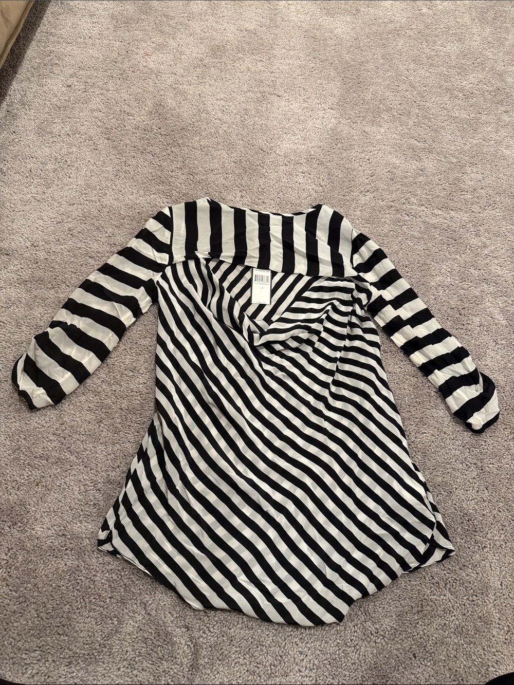 BCBG Black & White Striped Silk Back Out Women’s Top
